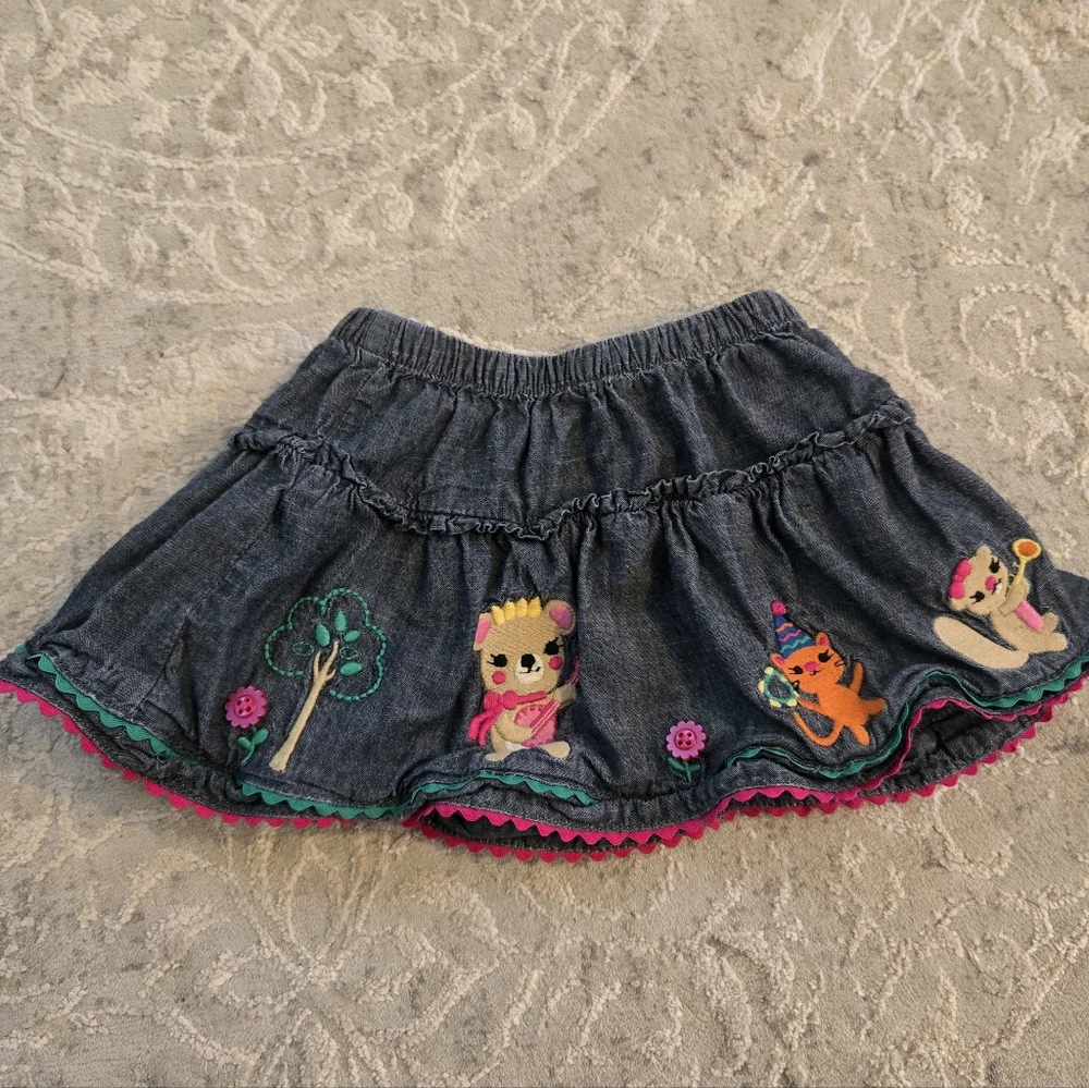 Gymboree Denim Skirt with Bear and Tree Embroidery